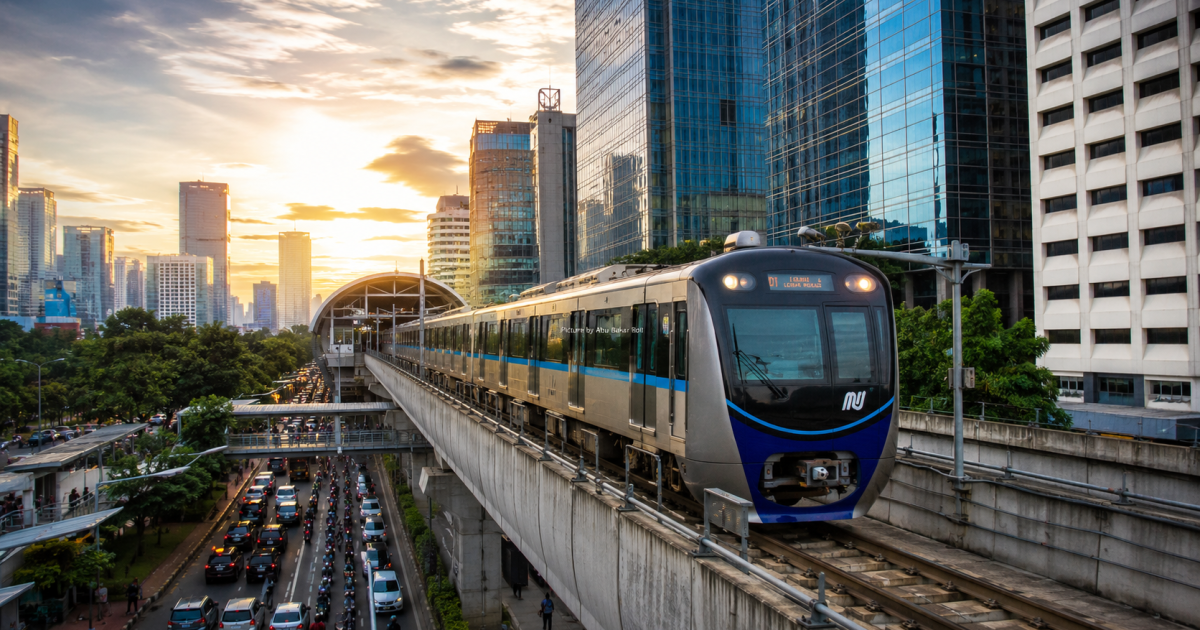 Ilustrasi MRT Jakarta melaju di tengah hiruk pikuk ibu kota, menjadi simbol mobilitas modern yang mendorong pertumbuhan ekonomi Indonesia!! (Foto AI/ Abu Bakar Boli)