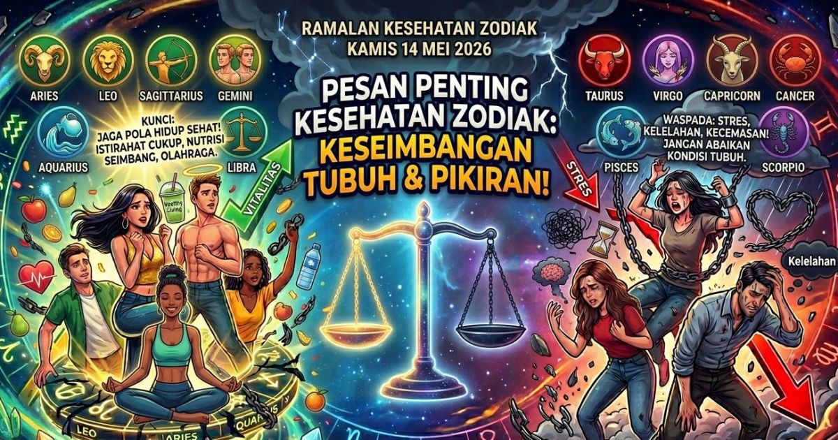 Ilustrasi ramalan kesehatan zodiak besok Kamis 14 Mei 2026. (Gemini/Dayfri)
