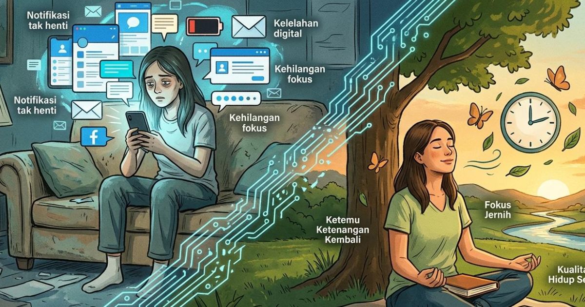 Ilustrasi digital detox, mengurangi penggunaan gadget. (Gemini / Dayfri)