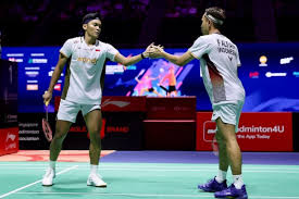 Ganda putra Indonesia, Fajar Alfian/Muhammad Shohibul Fikri, bertanding di Singapore Open 2026.(PBSI)