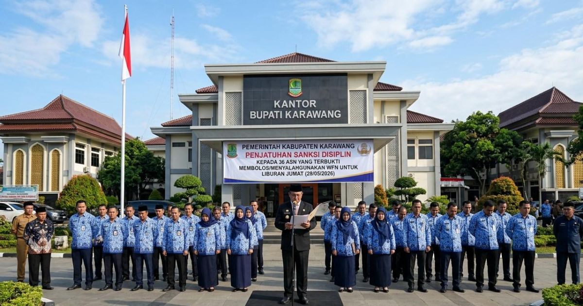Ilustrasi Pemerintah Kabupaten (Pemkab) Karawang memberikan sanksi tegas kepada 36 Aparatur Sipil Negara (ASN) yang terbukti tidak masuk kerja saat penerapan kebijakan Work From Home (WFH) pada Jumat (29/5/2026). (Foto: Gemini AI)