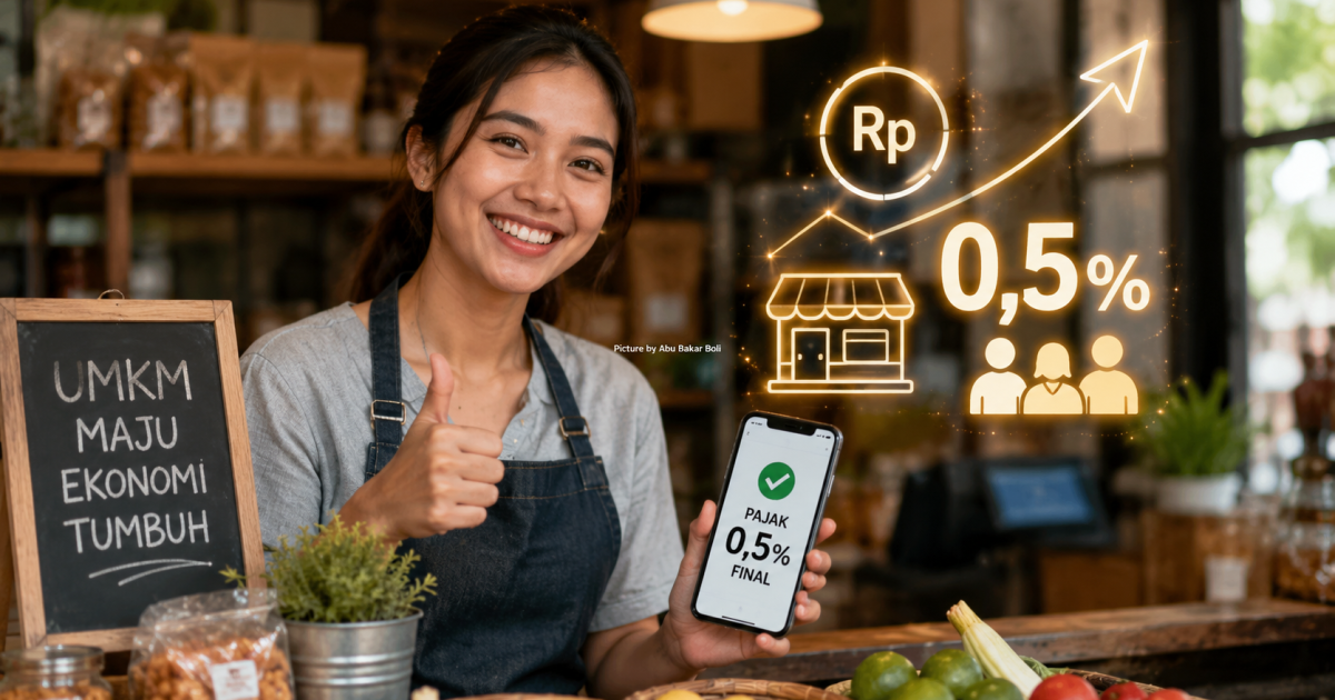 Ilustrasi pelaku UMKM tersenyum optimistis di tokonya sambil menunjukkan kemudahan pajak final 0,5 persen yang mendukung pertumbuhan usaha dan ekonomi. (Foto AI/Abu Bakar Boli)