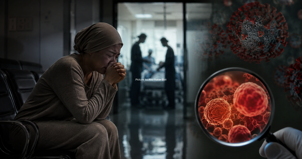 Ilustrasi suasana pandemi yang menyebabkan banyak kasus kanker terlambat terdeteksi, menggambarkan kecemasan pasien dan tantangan layanan kesehatan global. (Foto AI/ Abu Bakar Boli)