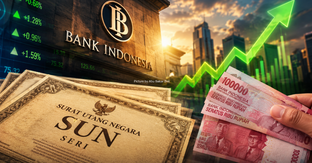 Ilustrasi gedung bank sentral, obligasi negara dan rupiah dengan grafik hijau menanjak, mencerminkan optimisme pasar keuangan usai kenaikan suku bunga. (Foto AI/ Abu Bakar Boli)