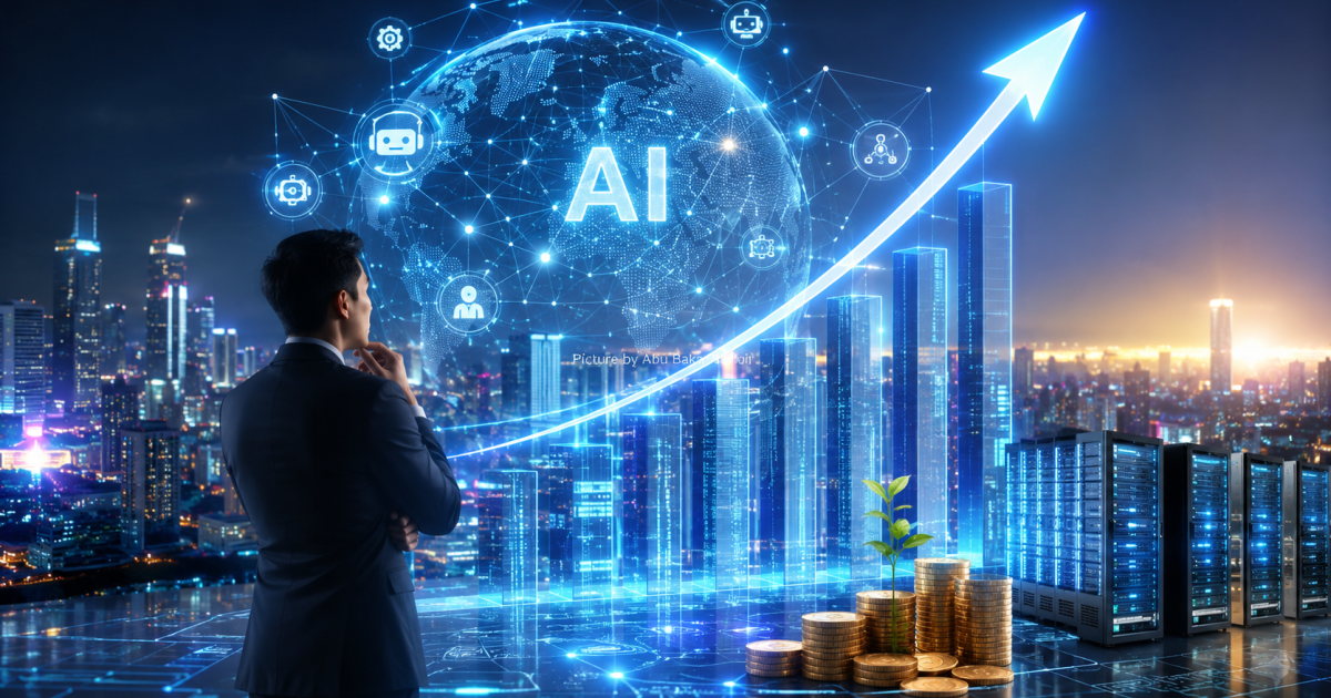 Ilustrasi pebisnis mengamati lonjakan investasi infrastruktur teknologi dan kecerdasan buatan yang mendorong pertumbuhan data, inovasi, serta peluang keuntungan global. (Foto AI/Abu Bakar Boli)