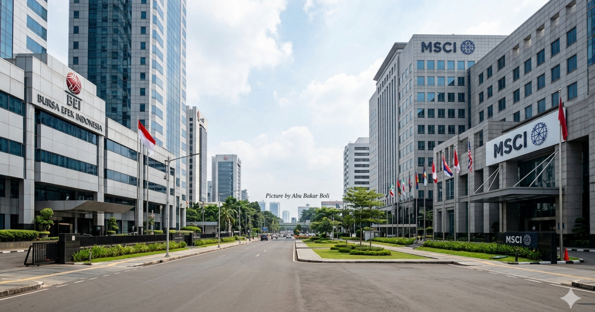 Ilustrasi gedung Bursa Efek Indonesia dan MSCI berdiri berdampingan secara fiktif dalam satu jalan, menggambarkan hubungan kedua lembaga. (Foto AI/Abu Bakar Boli)