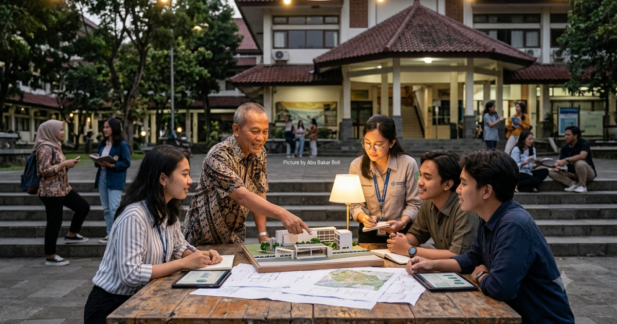 Ilustrasi sekelompok mahasiswa dan dosen di pelataran kampus berdiskusi hangat mengenai rancangan proyek maket bangunan. (Foto AI/Abu Bakar Boli)