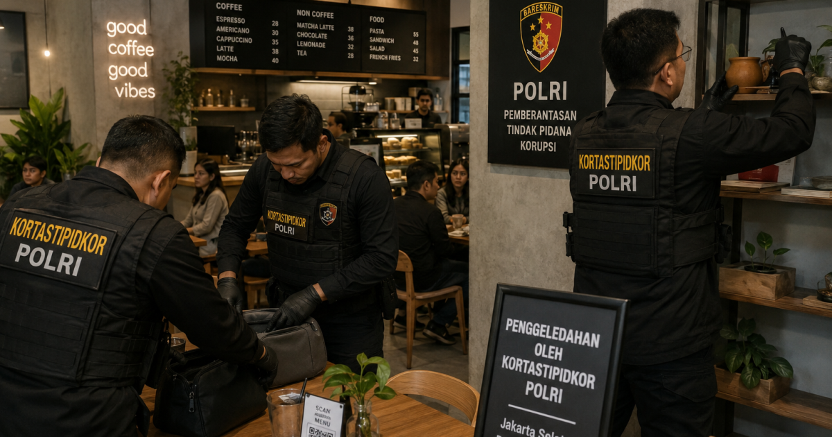 Gambar Ilustrasi Korps Pemberantasan Tindak Pidana Korupsi (Kortastipidkor) Polri melakukan penggeledahan di sebuah kafe di Jakarta Selatan pada Rabu (9/7) sore. (Foto: Gemini AI)