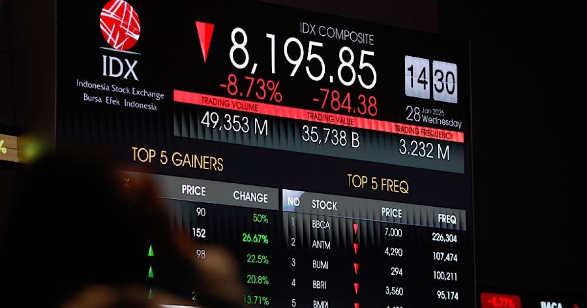 Pengunjung di depan layar pergerakan harga saham (IHSG) di Bursa Efek Indonesia (BEI), Rabu (28/1/2026) lalu. (Foto: Bloomberg Technoz/Andrean Kristianto)