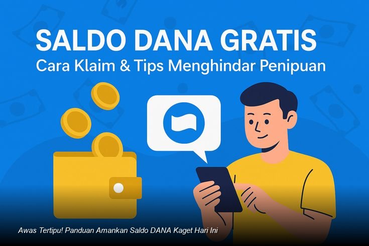 Ilustrasi seseorang memeriksa notifikasi saldo DANA di ponsel dengan ekspresi waspada.
