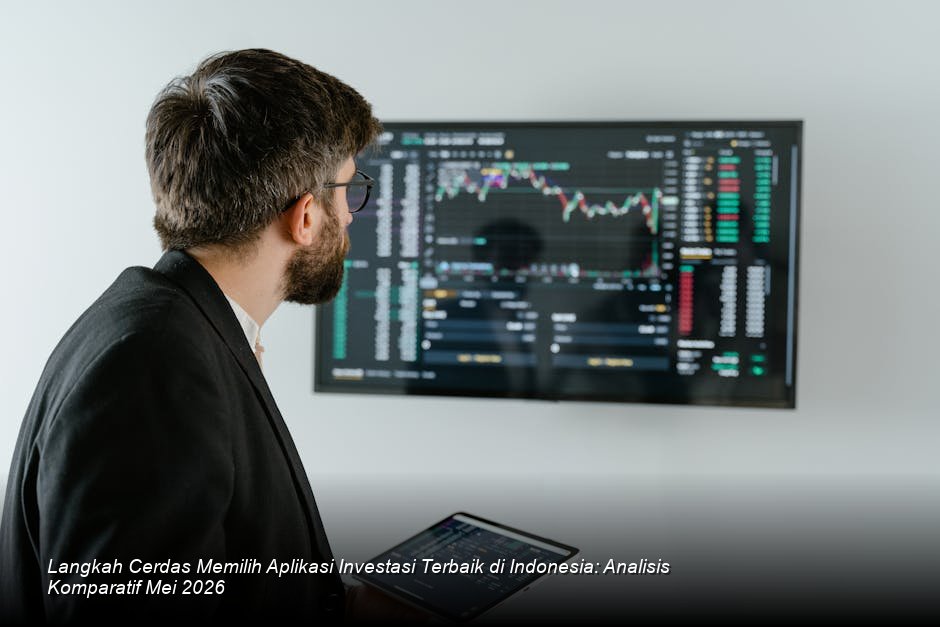 Grafik batang berwarna biru dan hijau menunjukkan pertumbuhan investasi digital yang stabil di atas latar belakang gedung pencakar langit modern.