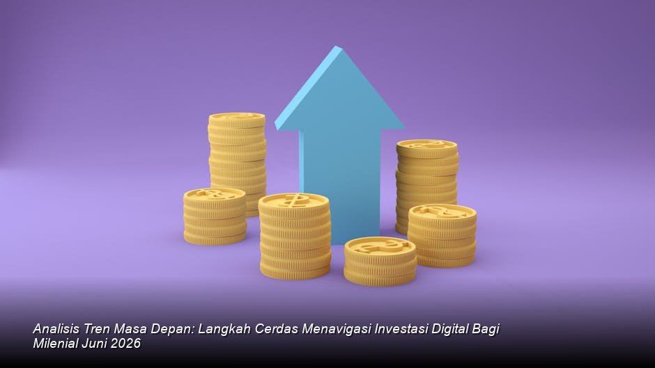 Visualisasi grafik pertumbuhan investasi digital yang menanjak tajam di atas latar belakang gedung pencakar langit modern.