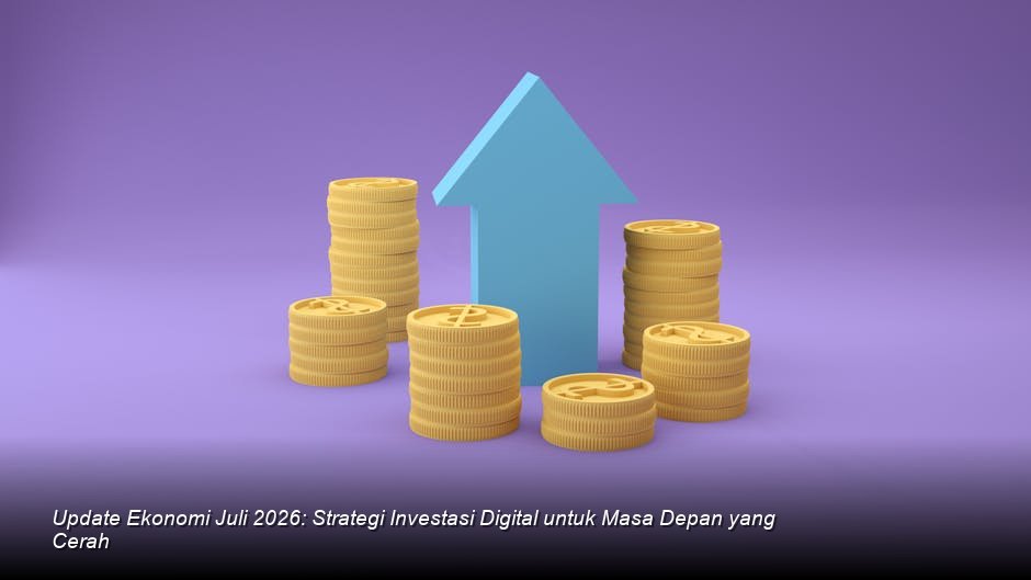 Grafik ekonomi digital yang tumbuh, dengan koin uang yang tertata rapi di atas meja, melambangkan pertumbuhan kekayaan pribadi melalui investasi digital.