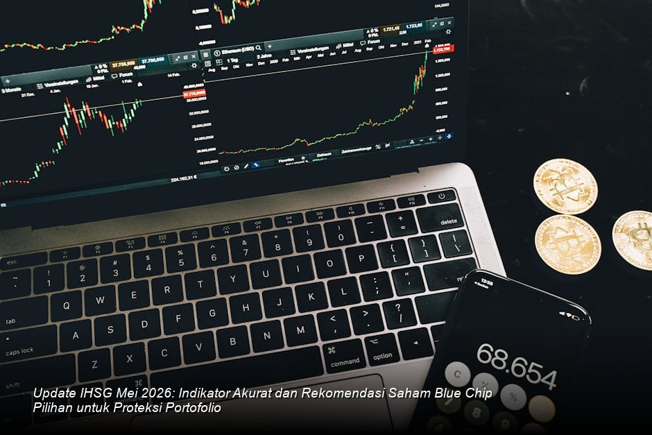 Grafik lilin (candlestick) bursa saham berwarna hijau dengan garis tren naik yang stabil di latar belakang layar monitor canggih.