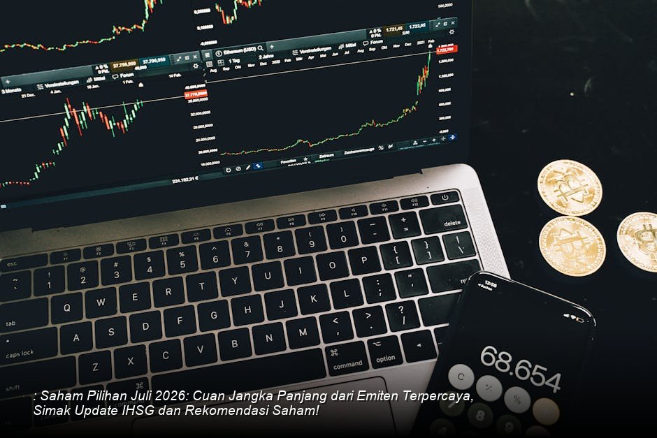 **: Grafik candlestick saham berwarna hijau yang menunjukkan tren kenaikan yang stabil di atas latar belakang modern bursa saham.