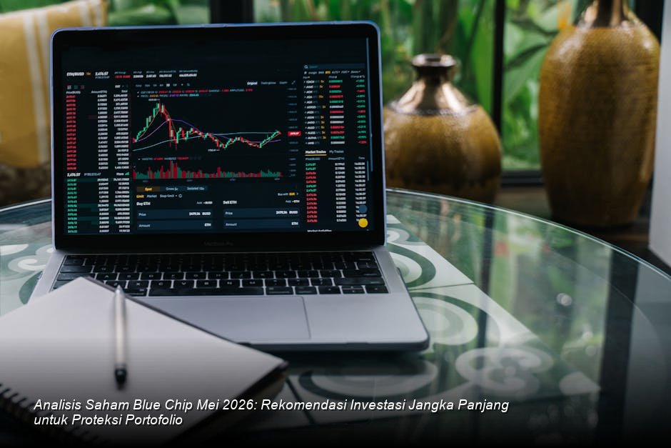 Tampilan chart candlestick saham berwarna hijau yang menunjukkan tren kenaikan stabil di tengah suasana ruang trading modern.