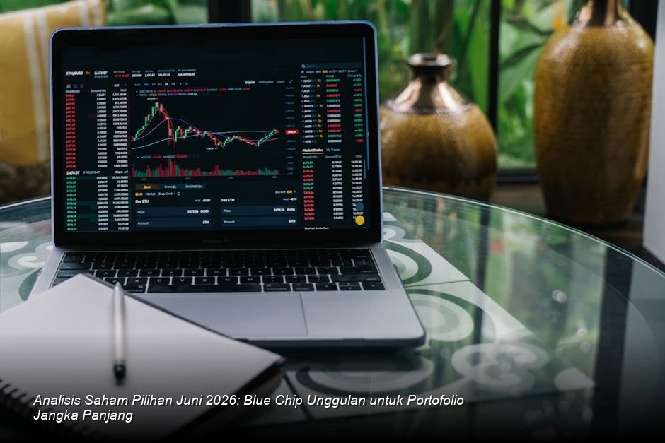 Tampilan chart saham berwarna hijau yang menanjak perlahan di layar monitor modern di tengah suasana bursa saham yang tenang.