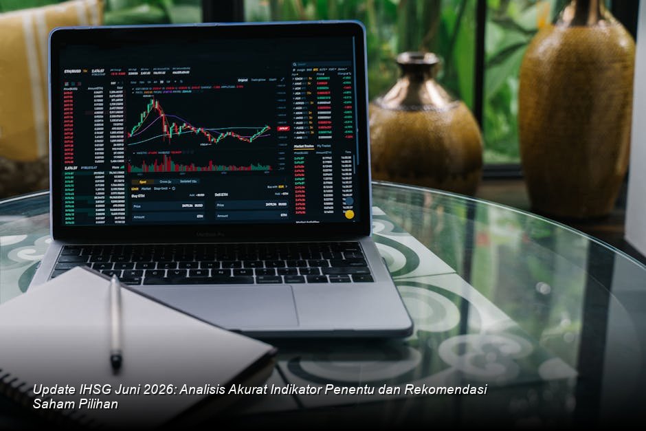Suasana ruang *trading* modern dengan banyak monitor menampilkan grafik *candlestick* berwarna hijau yang menunjukkan tren naik perlahan.