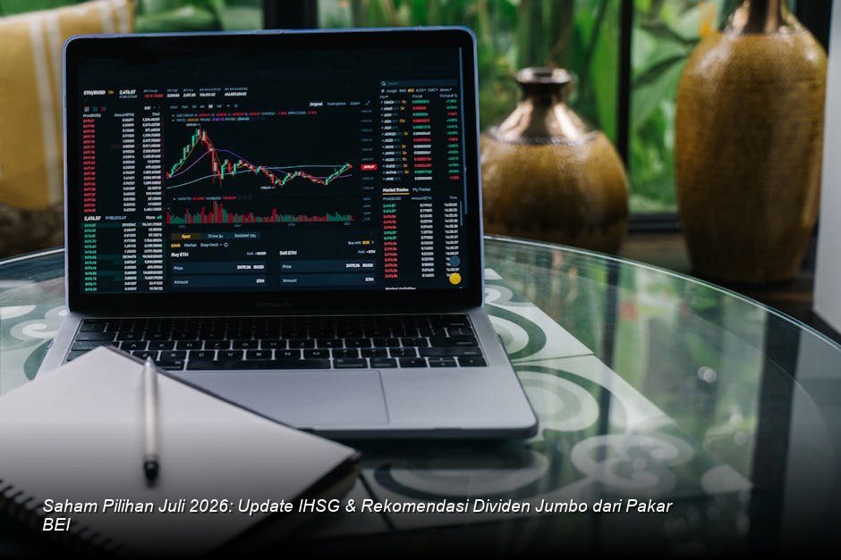 Tampilan layar grafik candlestick saham yang menunjukkan tren naik dengan warna hijau dominan di sebuah ruang trading modern.