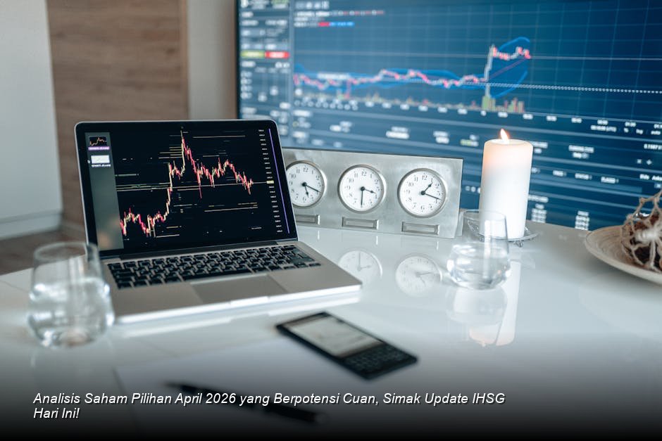 Grafik pergerakan harga saham berbentuk *candlestick* berwarna hijau yang menunjukkan tren kenaikan stabil di tengah latar belakang ruang *trading* modern.
